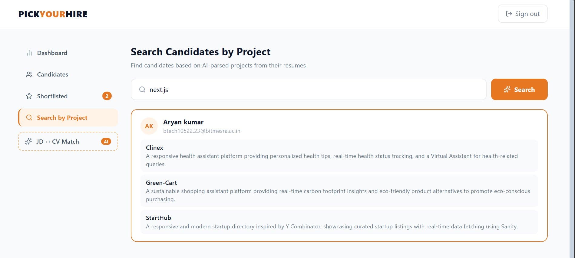 Search candidates by project screenshot